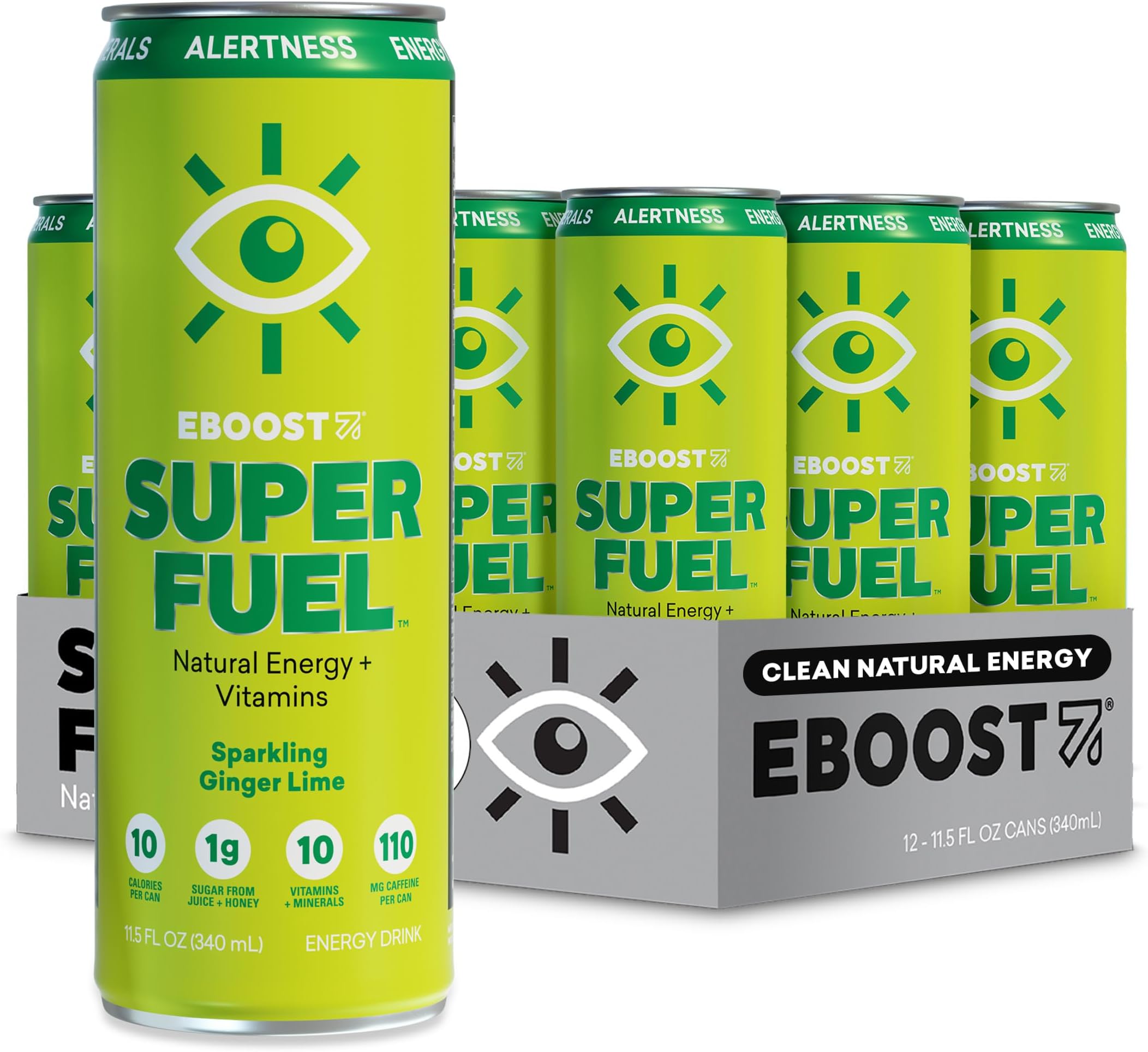 EBOOST SUPER FUEL Healthy Energy Drink - Ginger Lime: 12 Healthy Energy Drinks - Focus & Productivity - 110 mg Caffeine + Nootropics, & Electrolytes - No Sucralose, Taurine, Artificial Flavors