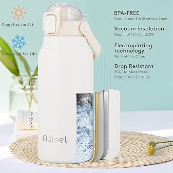 1.7L Stainless Steel Water Bottle with Straw, Large Metal Flask with Handle
