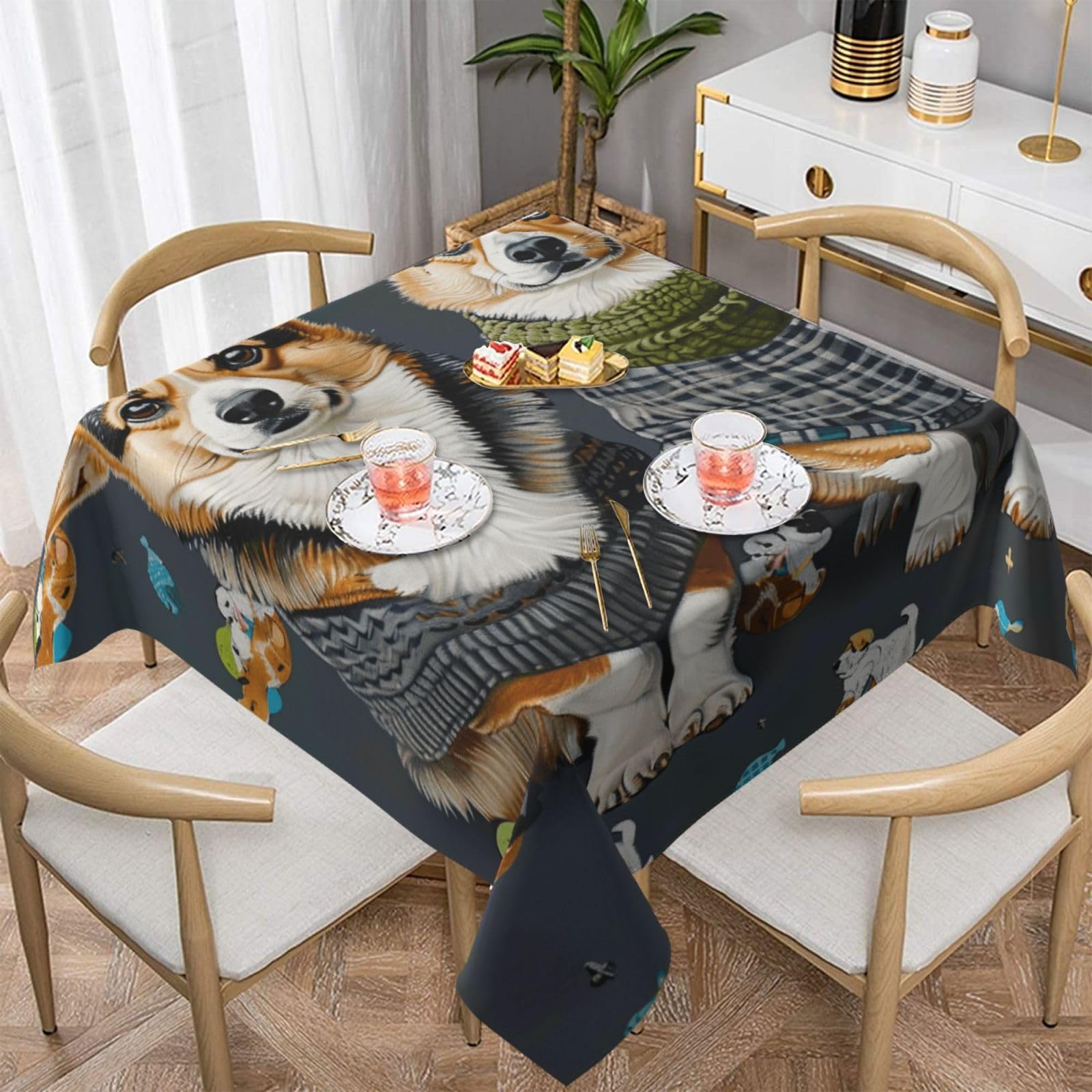 WPKJU Wearing Clothes Corgi Dogs Printed Square Tablecloth 54x54 inch Water Resistant Table Cover Washable Rectangle Table Cloth for Dining Tables