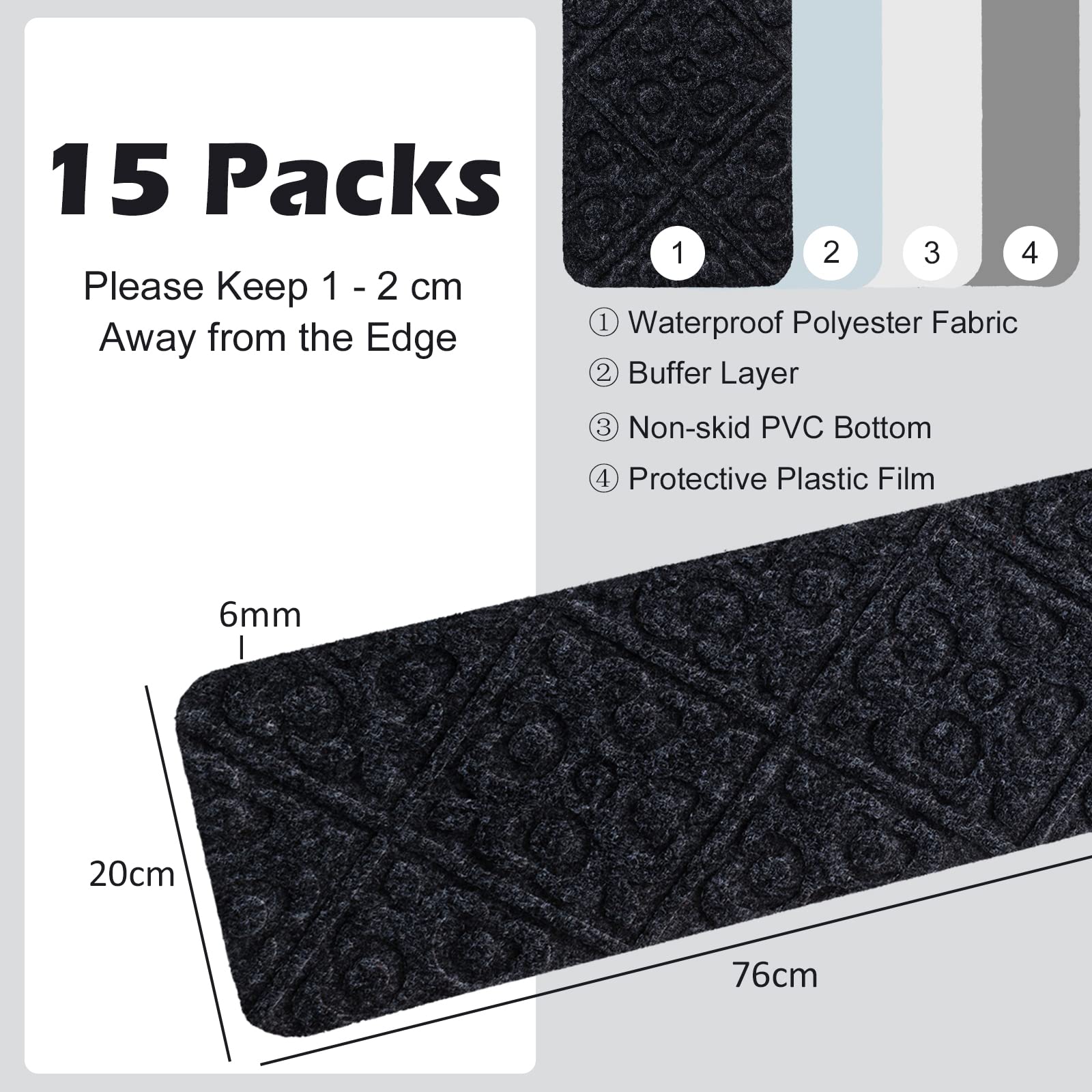 LIFEZEAL 15 Stück Stufenmatten, 76 x 20 cm Treppenschutzmatten für Treppen, Trittschutz für Kinder, Senioren und Haustiere, Stufenteppich Innenbereich mit Aufkleber, Dunkelgrau
