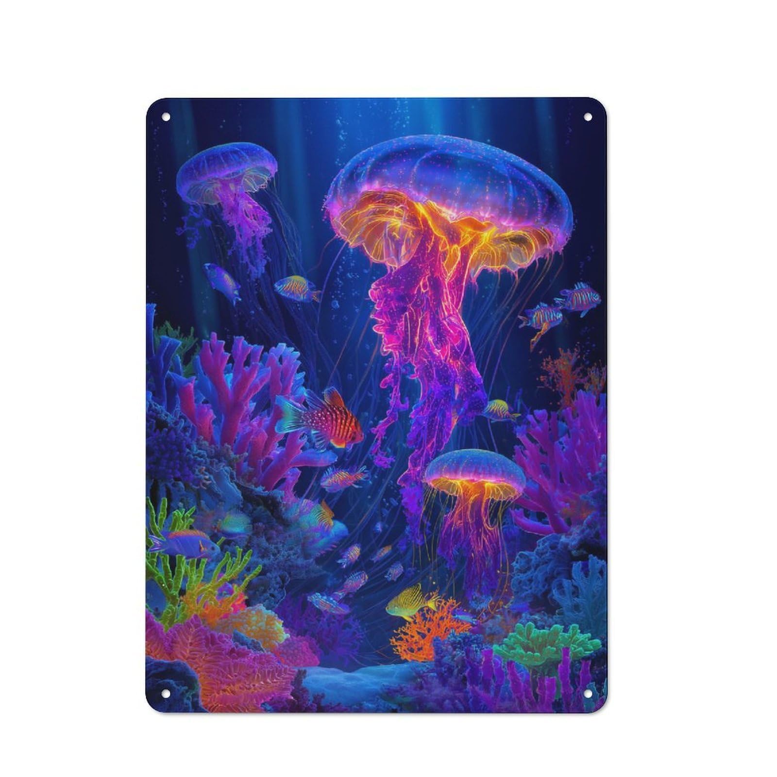 Junmoney Style-15 Industrial Metal Sign With Vibrant Jellyfish And Coral Reef Scene Design 40X30cm, Clean Industrial Urban Room Decor For Flat, Bar, Studio Or Gallery Wall