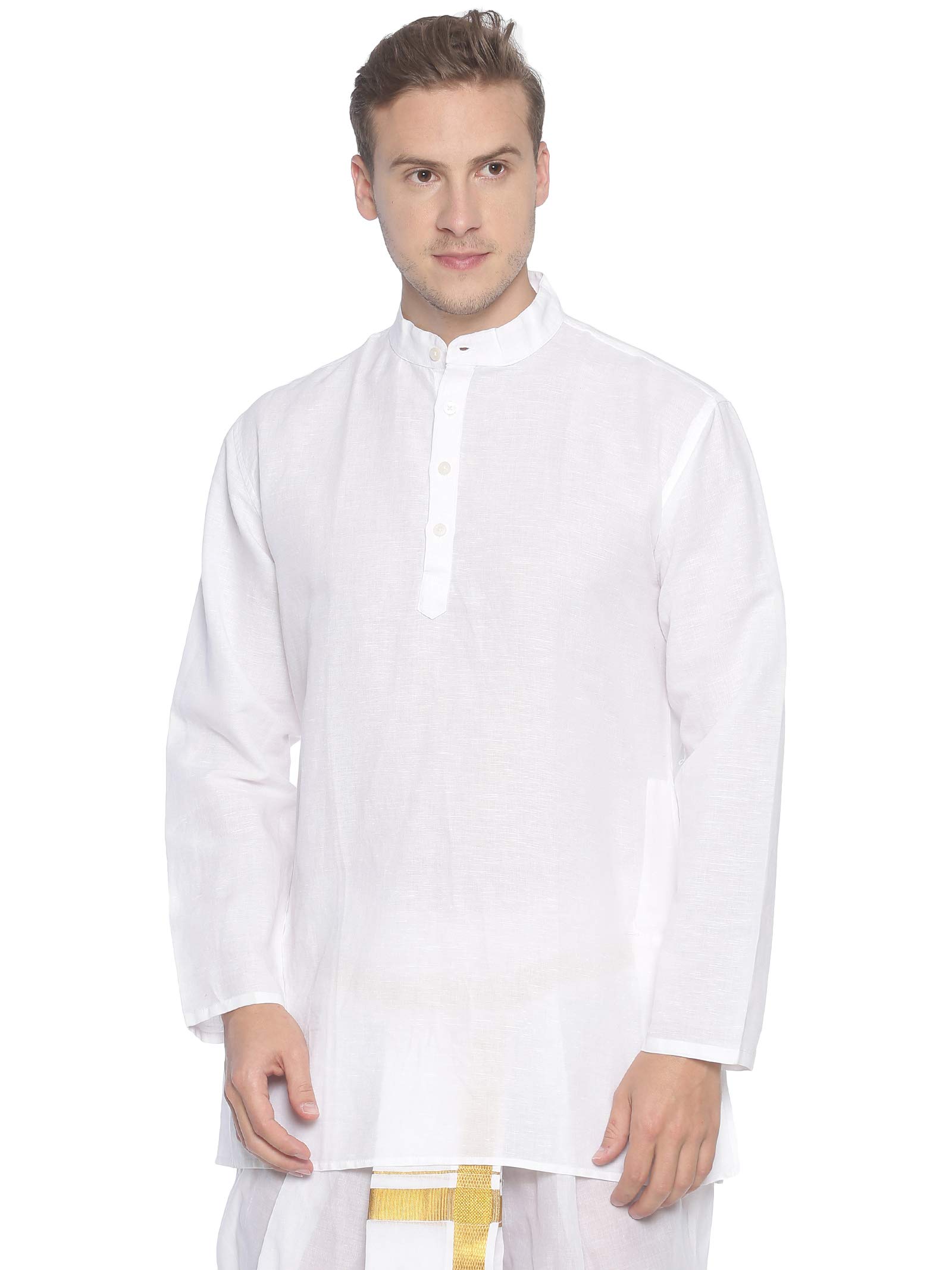 Sethukrishna Men Cotton Linen Short Kurta and Readymade Dhoti Pant Set