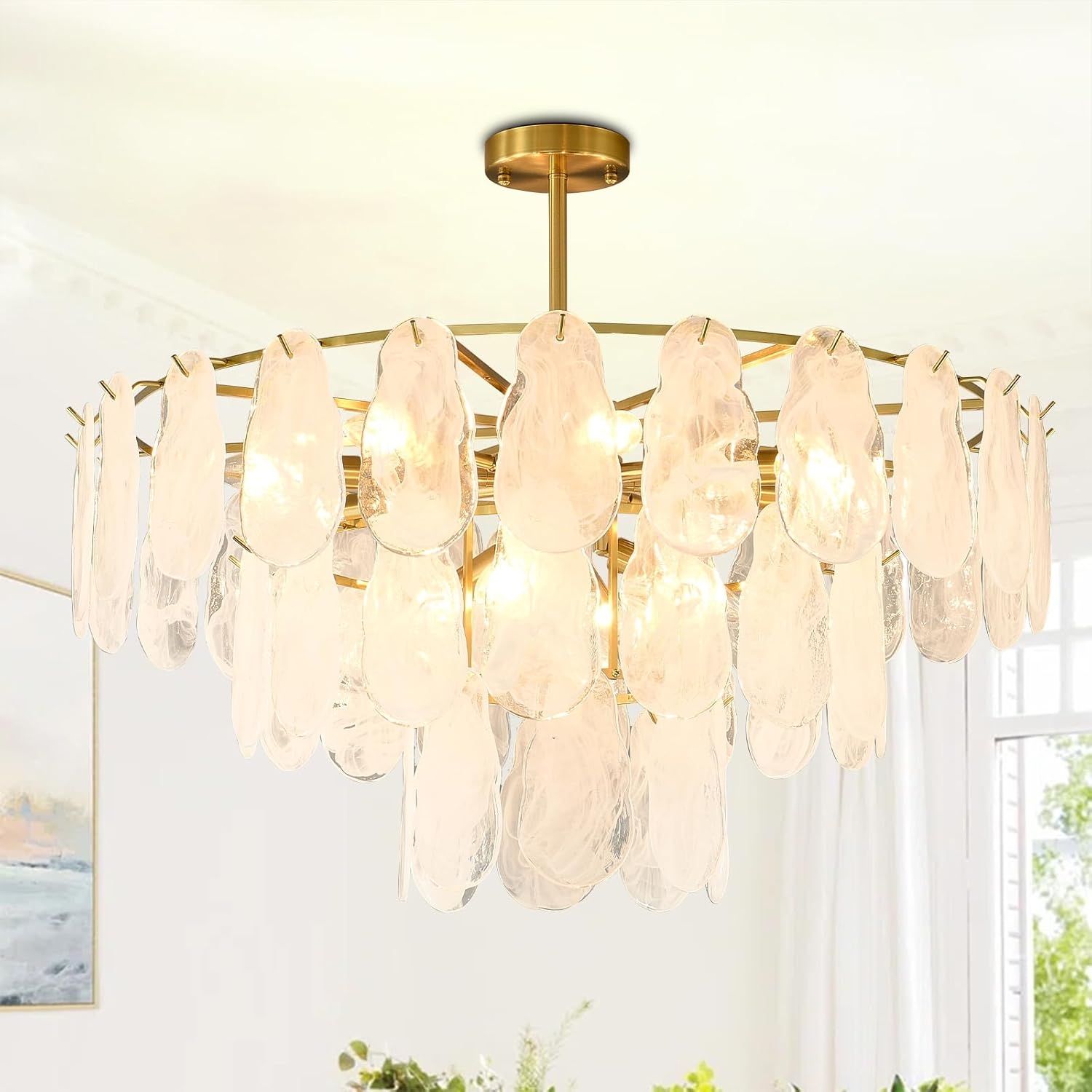 Modern Gold Tier Chandelier Cloud Glass Chandeliers Luxury Crystal Light Fixture Height Adjustable for Dining Room Living Room Kitchen Island Foyer (12 Light)