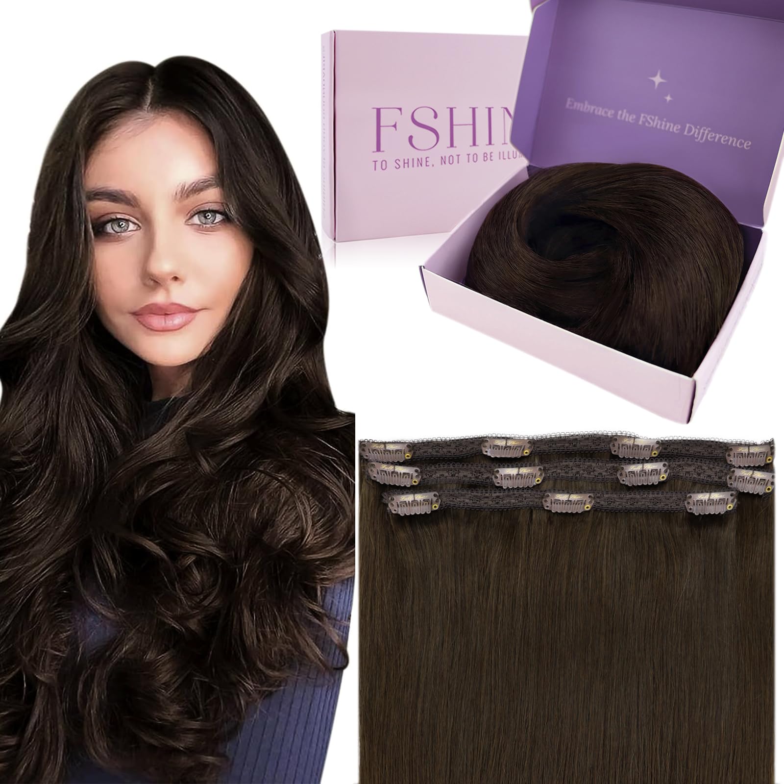 Fshine Clip in Dark Brown 12 Inch Human Hair Extensions, 50g, 3PCS, Double Weft, Real Human Hair, 1.clip#2, 12 inch-50g