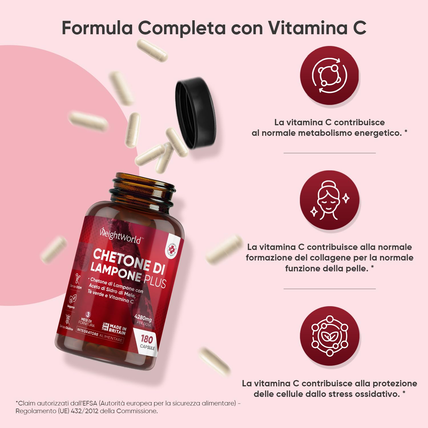 Chetoni Esogeni Plus da 4280mg in 180 Capsule Vegane, Estratto 20:1 di Chetoni di Lampone Complex con Vitamina C, Aceto di Mele, Te Verde, Acai e Caffeina Anidra, Senza Glutine né OGM, Prodotto in UK