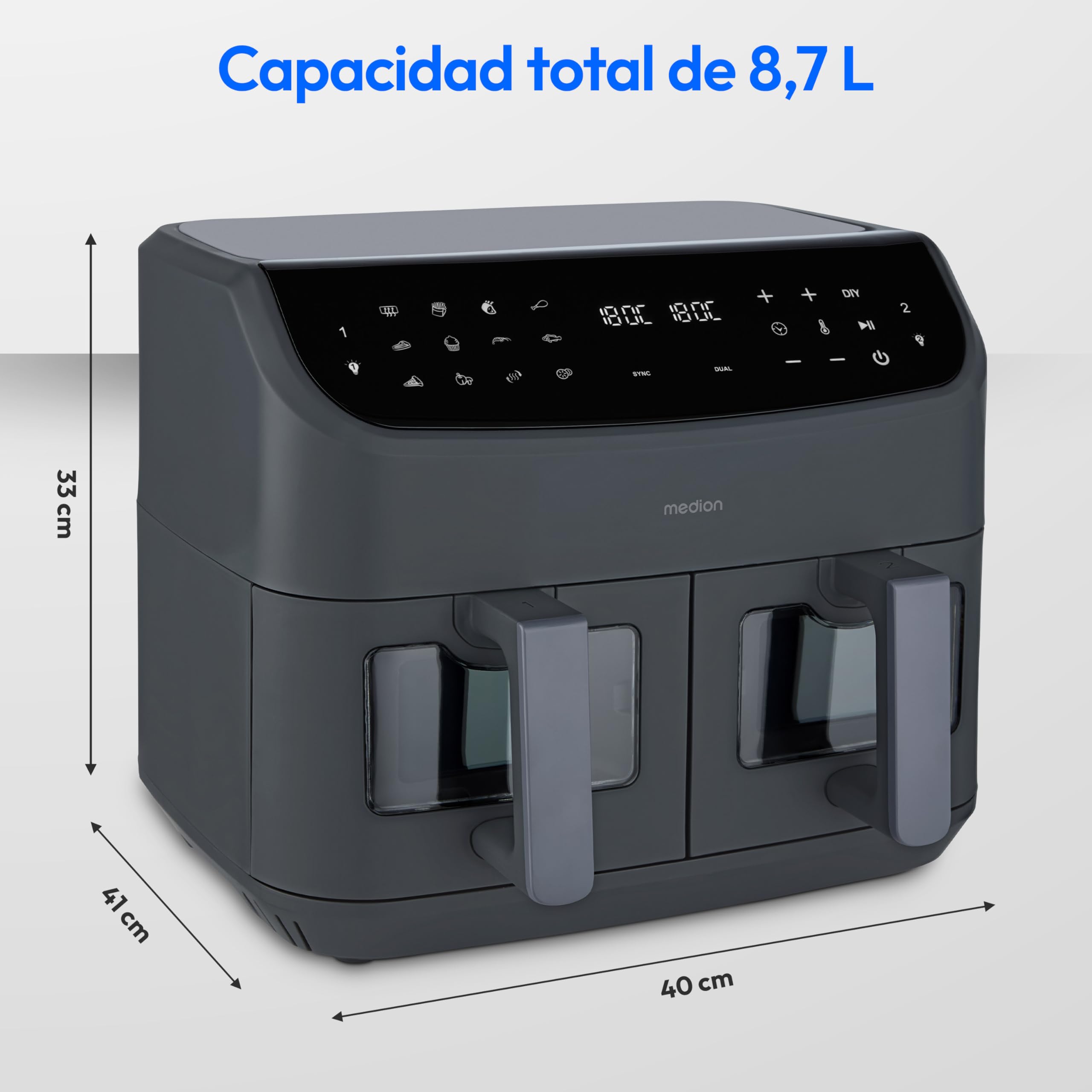 MEDION P20 XXL Freidora de Aire Doble Cesta MD11760 Gris Mate | 8,7 L, 2600 W, 10 Programas, 2 Cajones, Ventana, Air Fryer Dual XXL