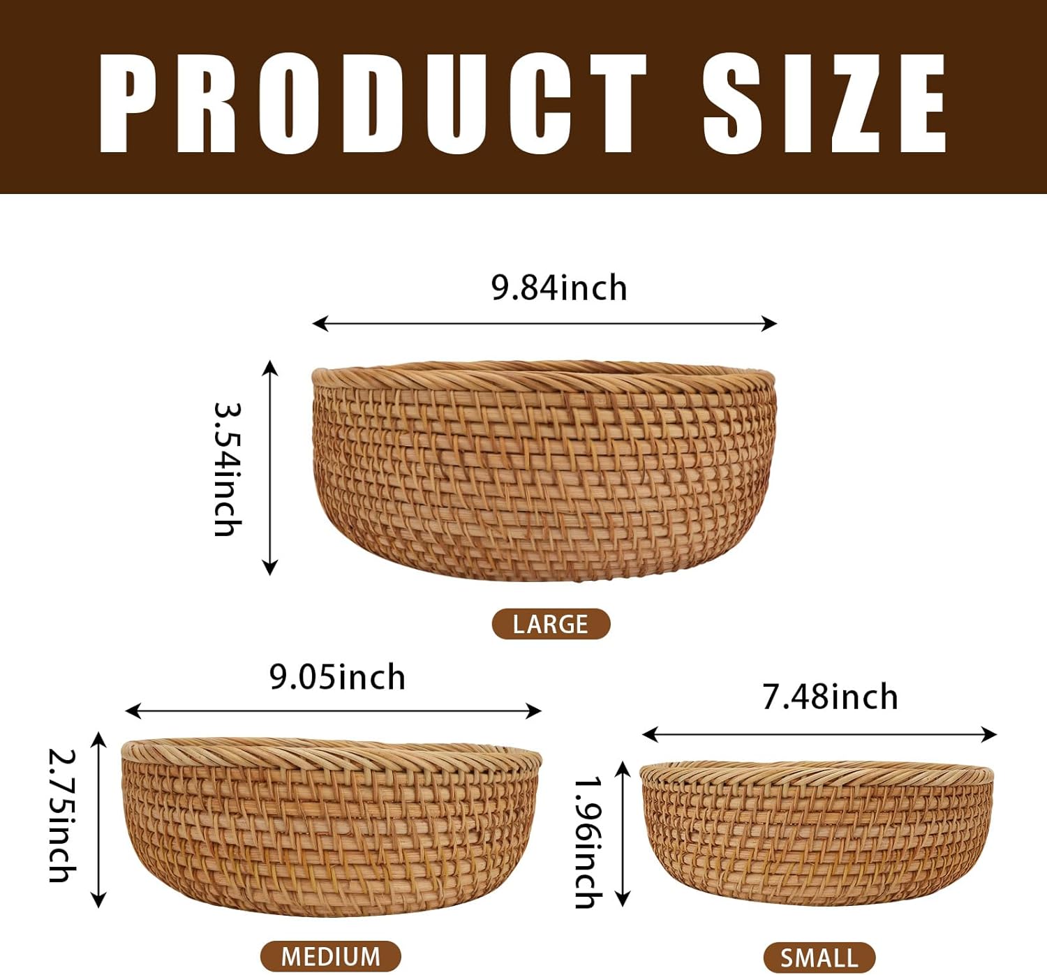 Rattan Bread Basket, Wicker Basket Round Fruit Baskets, Wicker Basket Round Bowls, Vintage Hand-Woven Wicker Fruit Serving Baskets Bowl, Decorative Baskets For Kitchen Counter Organizing,Set Of 3