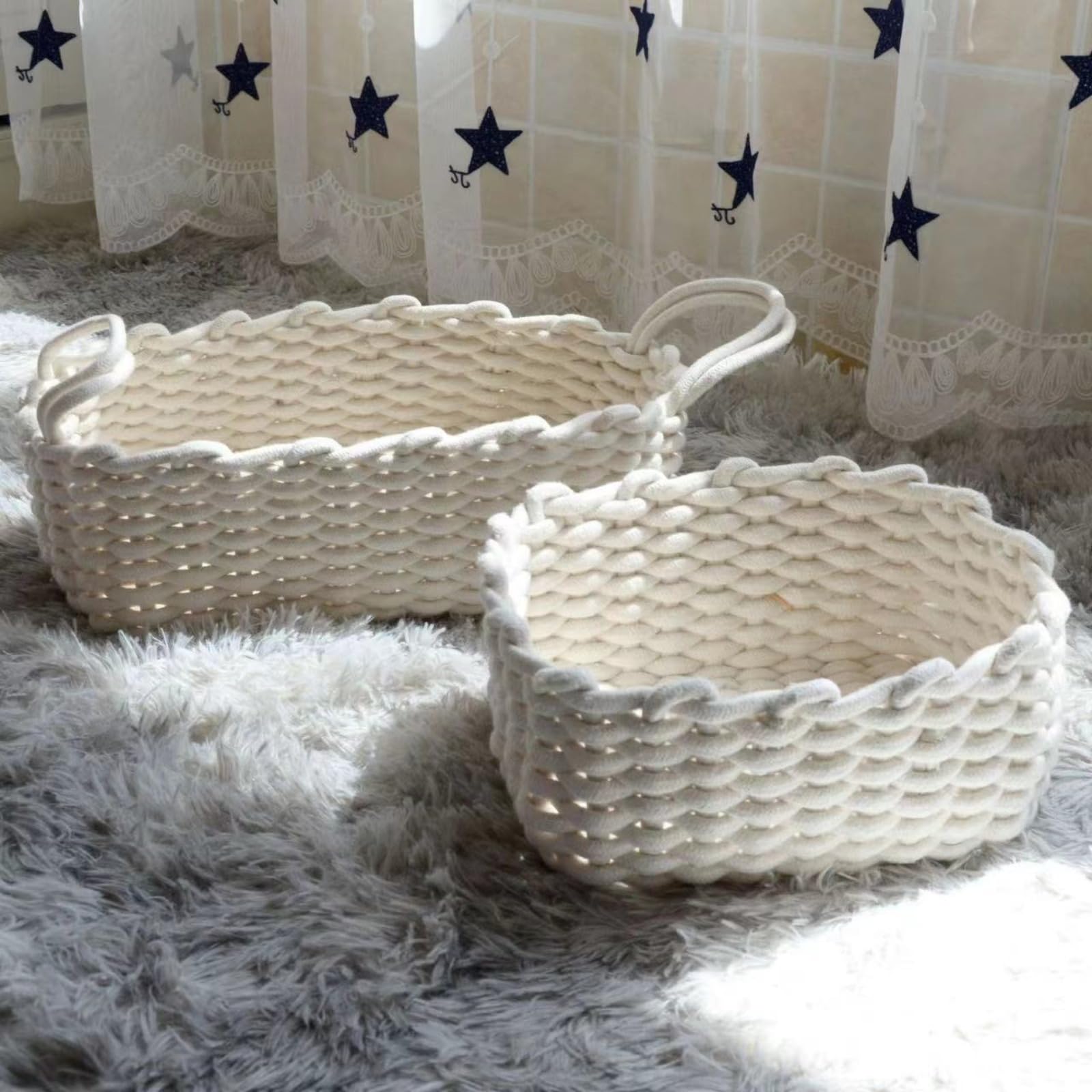 Caja de almacenamiento, cesta de cuerda de algodón, juego de 2 unidades, cesta para aperitivos, cesta trenzada a mano, cesta de almacenamiento para dormitorio, cuarto de baño, estantería