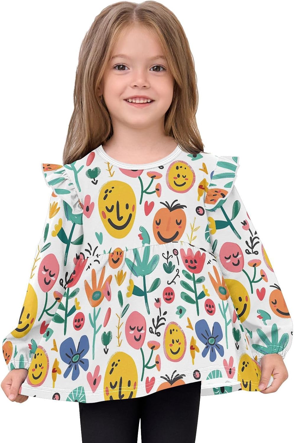 visesunny Toddler Clothes for Girls Abstract Flower Sticker Long Sleeve Fall Shirts Cotton Top with Ruffle Collar