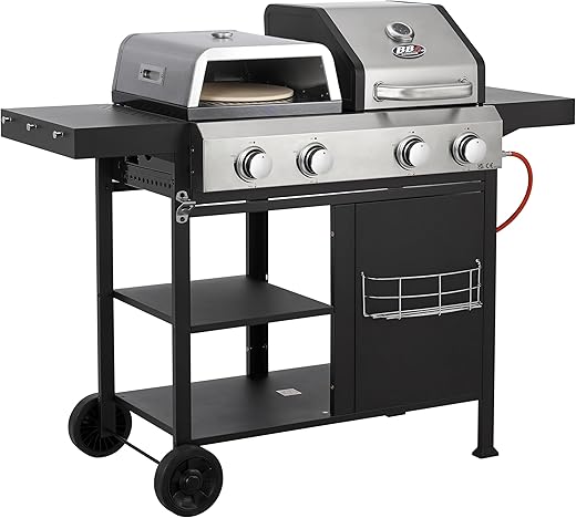 4 Burner Gas BBQ Grill with Added Pizza Oven Option Included, Stainless Steel Control Panel, Storage Shelves & Rack, Warming Rack, Removable Grease Tray, Thermometer, Cover & Adaptor