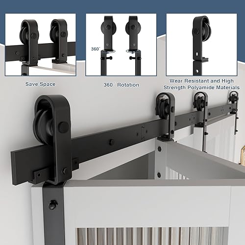 Vista 28 de DonYoung Kit de herrajes para puerta de granero plegable de 40 pulgadas para 2 puertas, rodillo de montaje lateral resistente para un deslizamiento