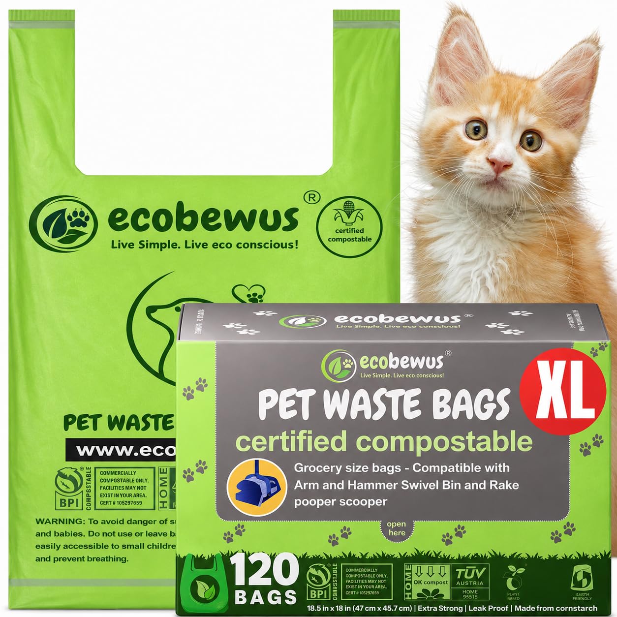 Bolsa de eliminación de residuos de mascotas 100% compostable (120 bolsas) a base de plantas para gatos y excrementos, bolsas de recogida de excrementos de perro con asas, sacos de pañales US BPI ASTM