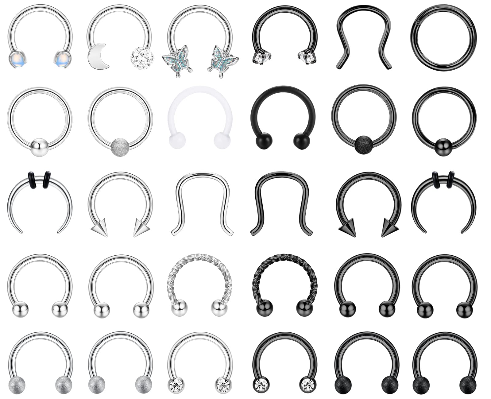 MILACOLATO 16G Aro Piercing Septum Acero Inoxidable, Anillo Nariz Horseshoe De Plata Negra 10mm, Pendientes De Cartílago Helix Daith Oreja Nariz Piercing Joyería Para Hombre Mujer 30Piezas