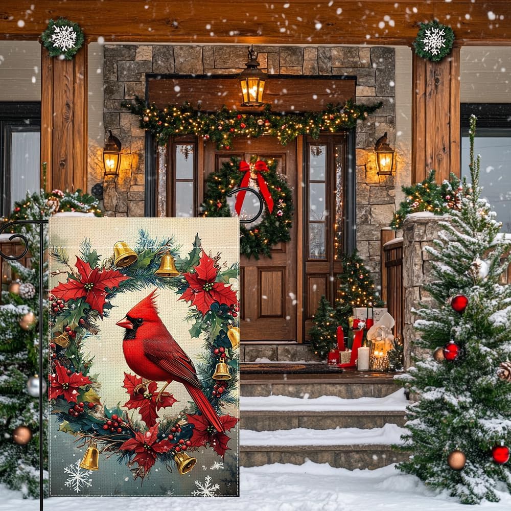 Winter Red Bird Snowflake Garden Flag 12x18 Inch Double Sided Cardinal Christmas Bell Yard Outdoor Flag House Holiday Outside Decoration - Image 2