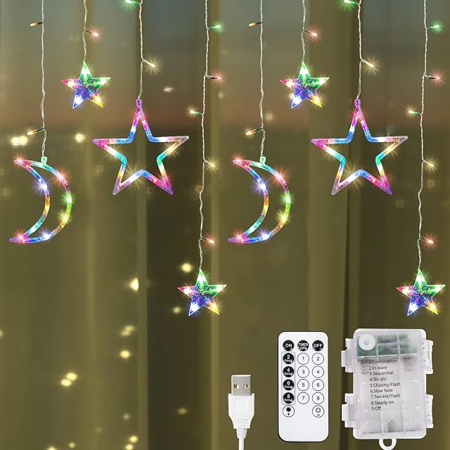 GloBrite Curtain Lights with 138 LED Lights | Battery Operated Twinkle Star and Moon Outdoor Lights | Fairy Lights with 8 Lighting Modes & Memory Function for Christmas Decorations Christmas Lights