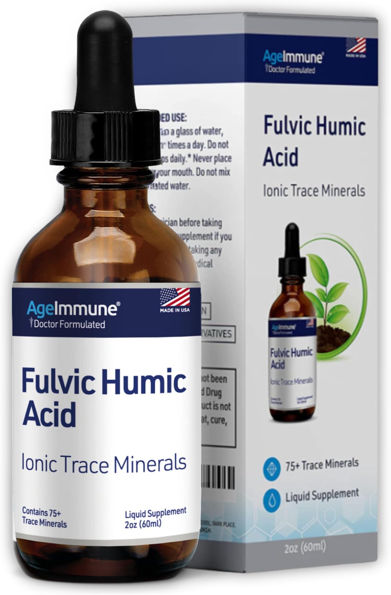Fulvic Humic Acid 75 + Trace Minerals Liquid Supplement - Plant Derived in USA - Fulvic Acid Minerals Concentrate for Energy, Gut Health and Hydration- 1 gram per Serving - 2 oz.