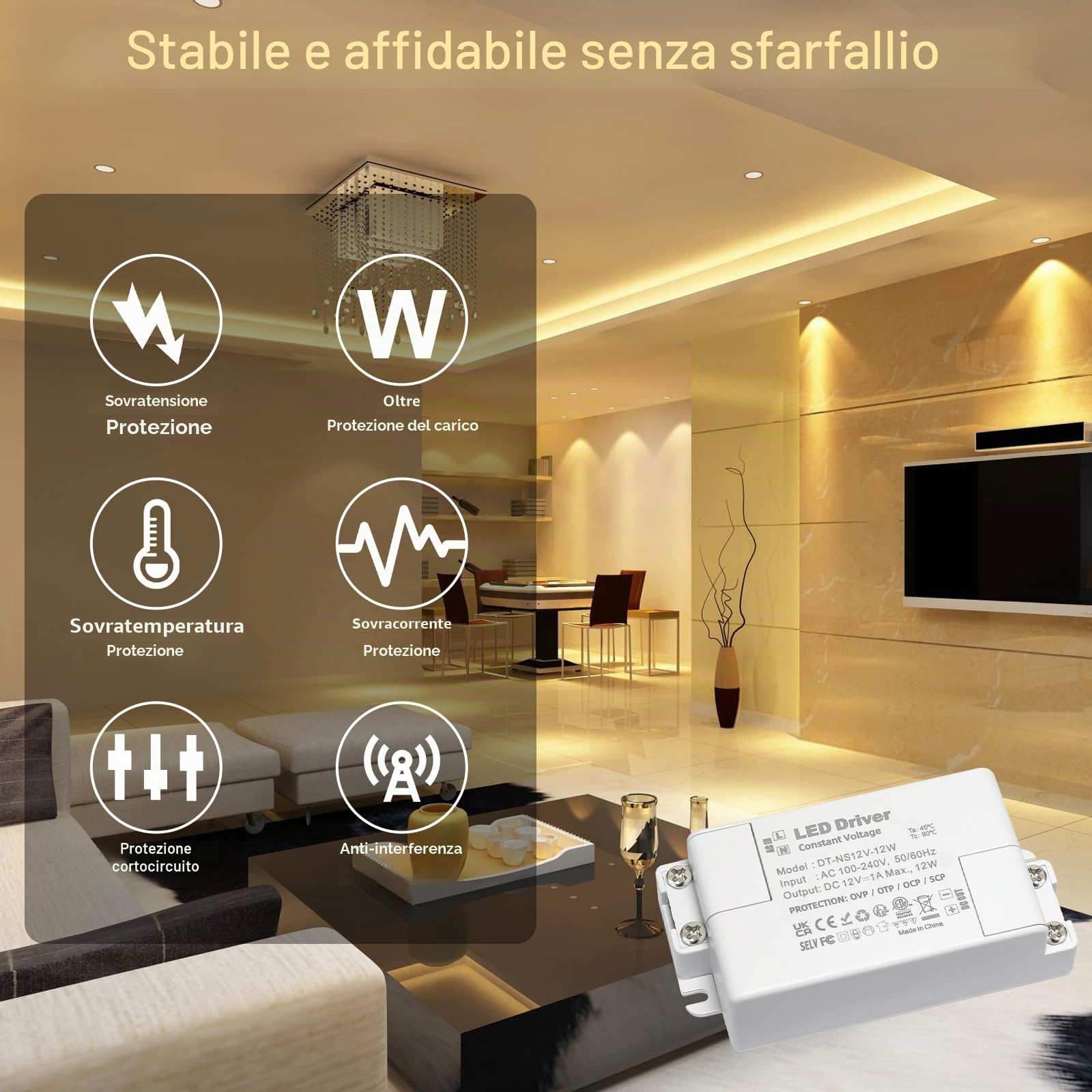 Trasformatore 220V 12v 12w, Alimentatore 12v 1 A, Trasformatore LED AC a DC, led driver 12 V, per G4, GU5.3, MR11, MR16, Lampade LED, Non dimmerabile, non sfarfallante, non rumoroso