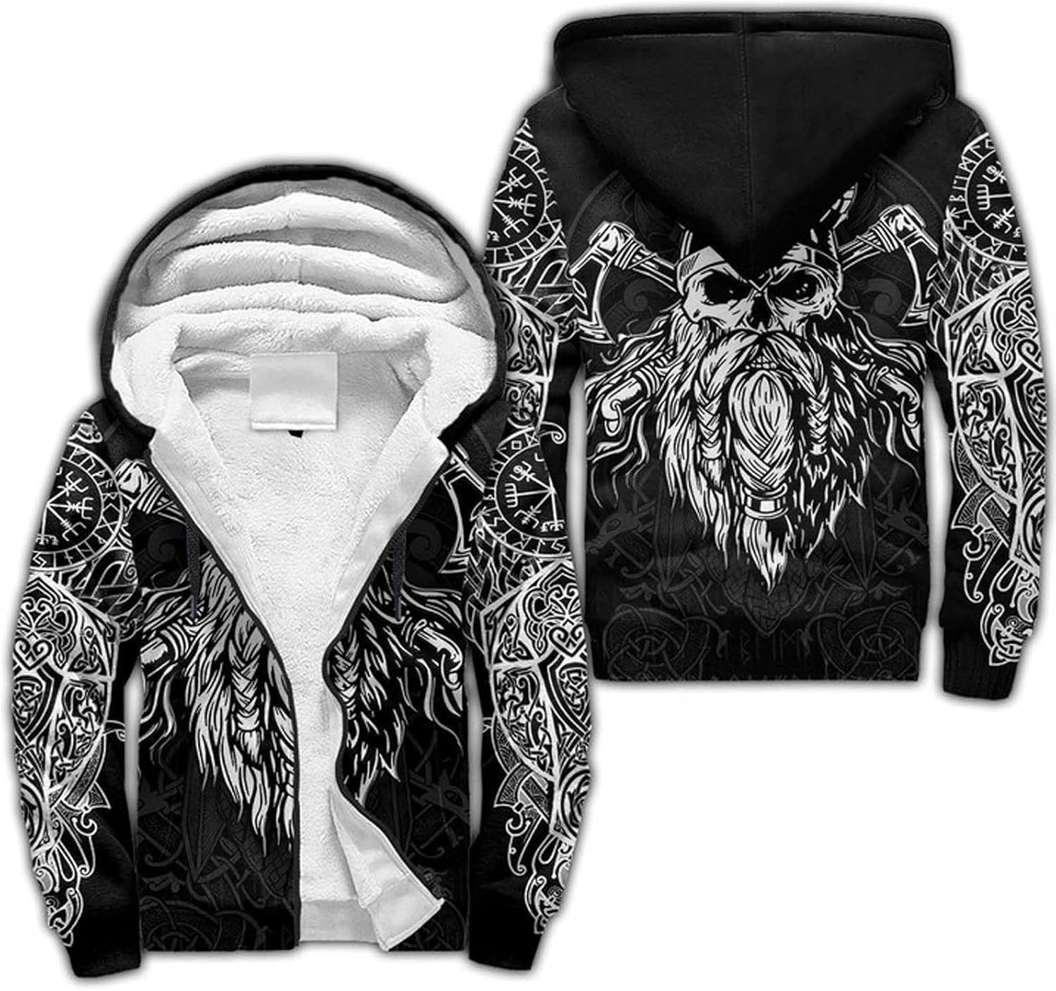 Norse Mythology Fleece Hoodies for Men Viking Tattoo Winter Thick Jackets Sherpa Lined Zip up Sweatshirt with Kanga Pocket