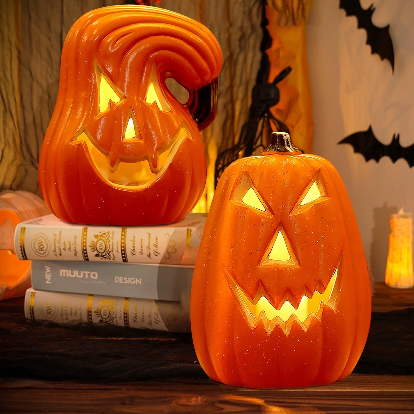 Glitzhome Herbst-Deko – 2 Kürbis-Laternen Mit Metall-Eimer, Hängend Oder Stehend – Für Halloween & Thanksgiving