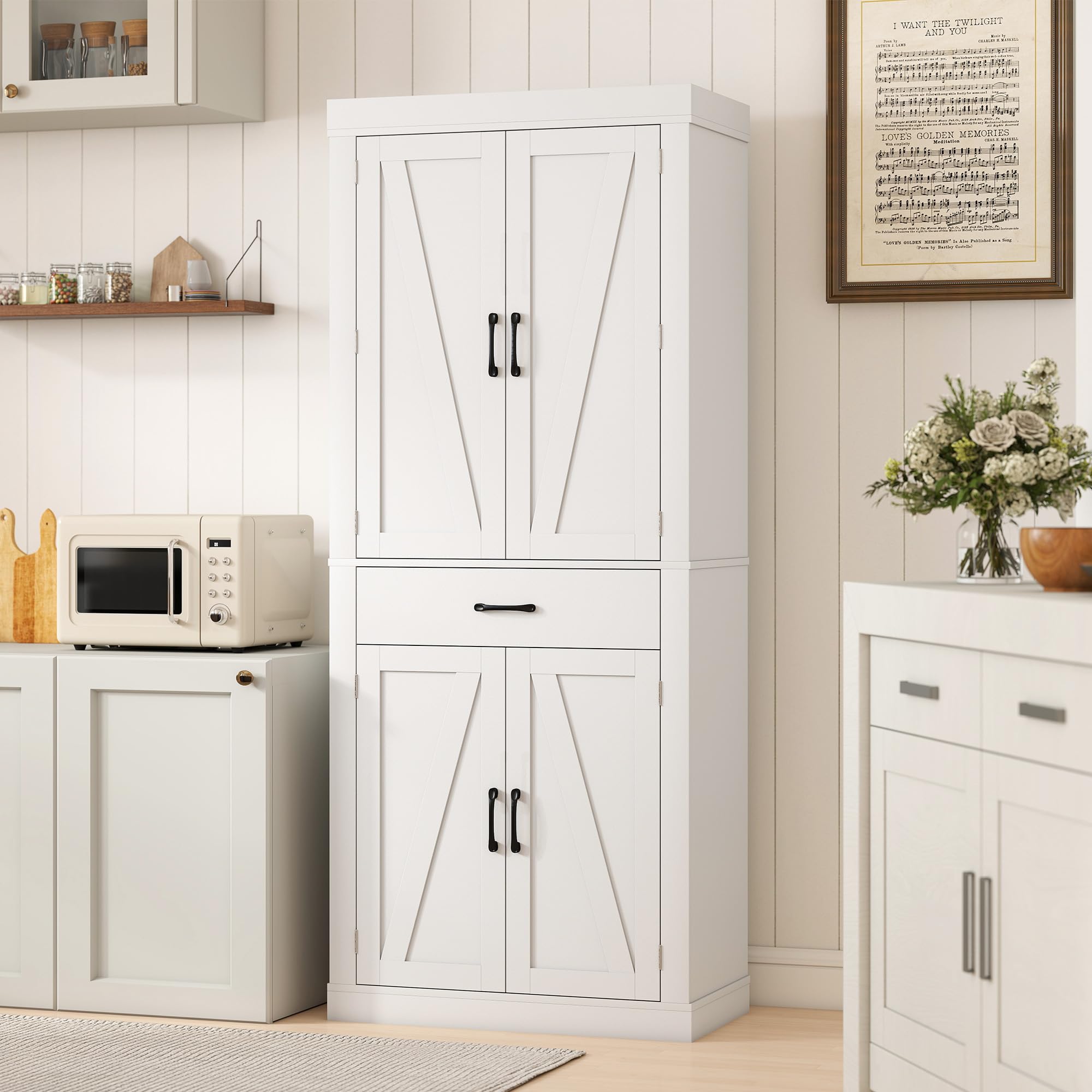 HOMCOM Credenza Cucina Alta 183.5 cm con 6 Portaspezie sulla Porta Bianco | 4 Ante a Fienile e Cassetto, Mobile Dispensa Rustico, Ripiani Regolabili, per Sala da Pranzo, Soggiorno
