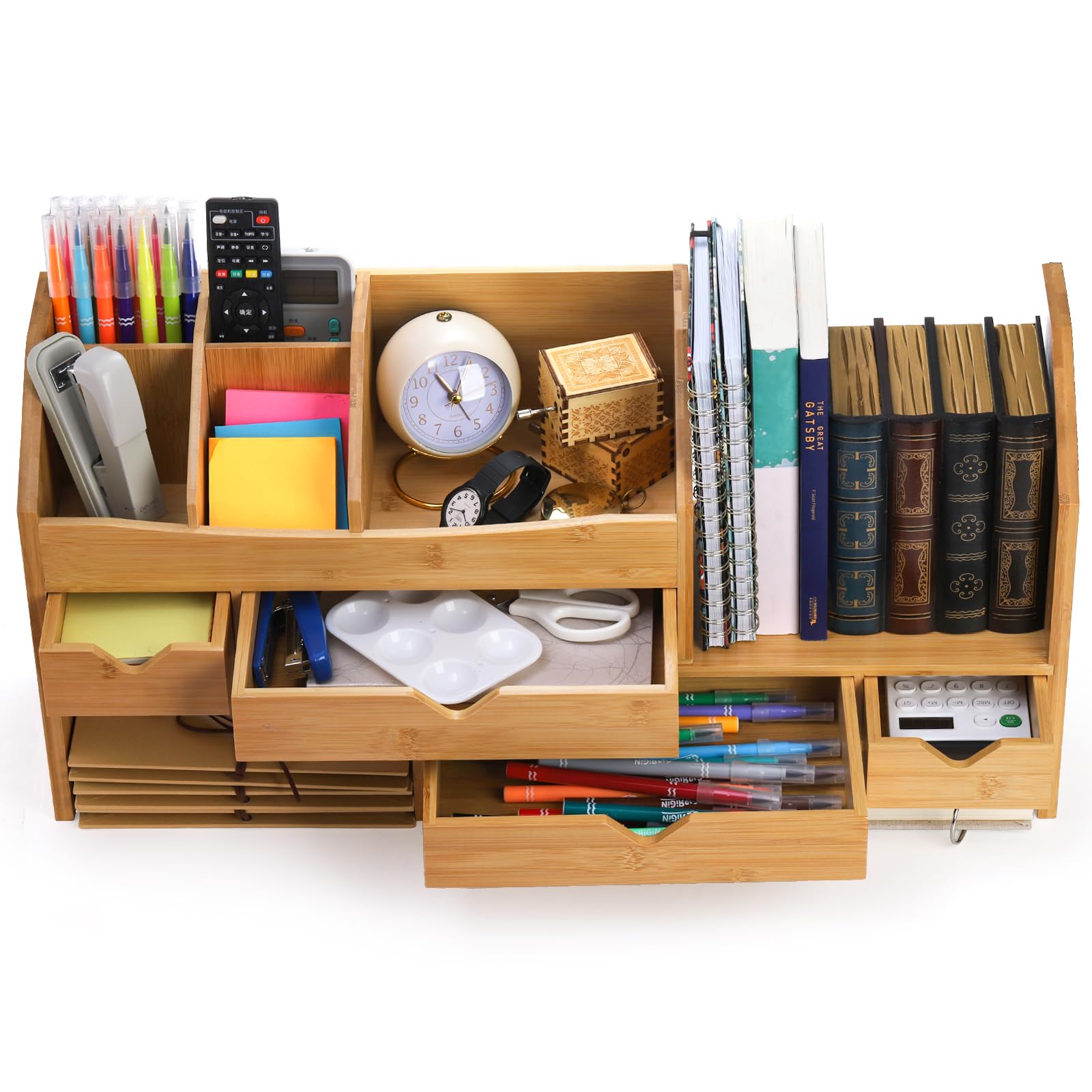 Lawei Schreibtisch-Organizer aus Bambus mit verstellbarem Aktenhalter, Mini-Schreibtischschublade, Tisch-Organisationsbox mit 4 Schubladen für Make-up, Briefe, Stifte, Heimbürobedarf, Schminktisch, 3