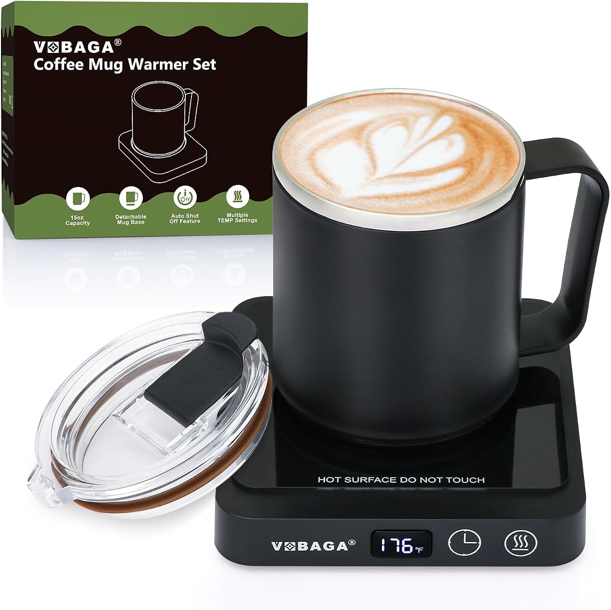VOBAGA Mug Warmer with 15oz Mug Set, Smart Coffee Mug Warmer for Desk with 5 Temp Settings & 2-12H Auto Shut Off, Coffee Warmer for Candles, Coffee, Cocoa, Milk, Best Coffee Gifts for Men Women