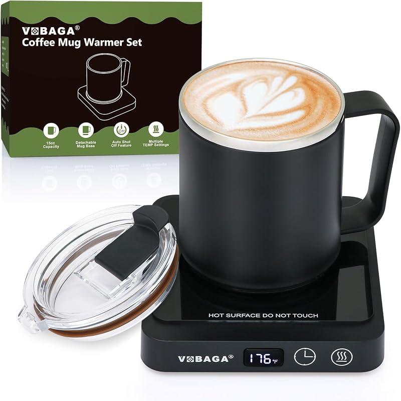 VOBAGA Mug Warmer with 15oz Mug Set, Smart Coffee Mug Warmer for Desk with 5 Temp Settings & 2-12H Auto Shut Off, Coffee Warmer for Candles, Coffee, Cocoa, Milk, Best Coffee Gifts for Men Women