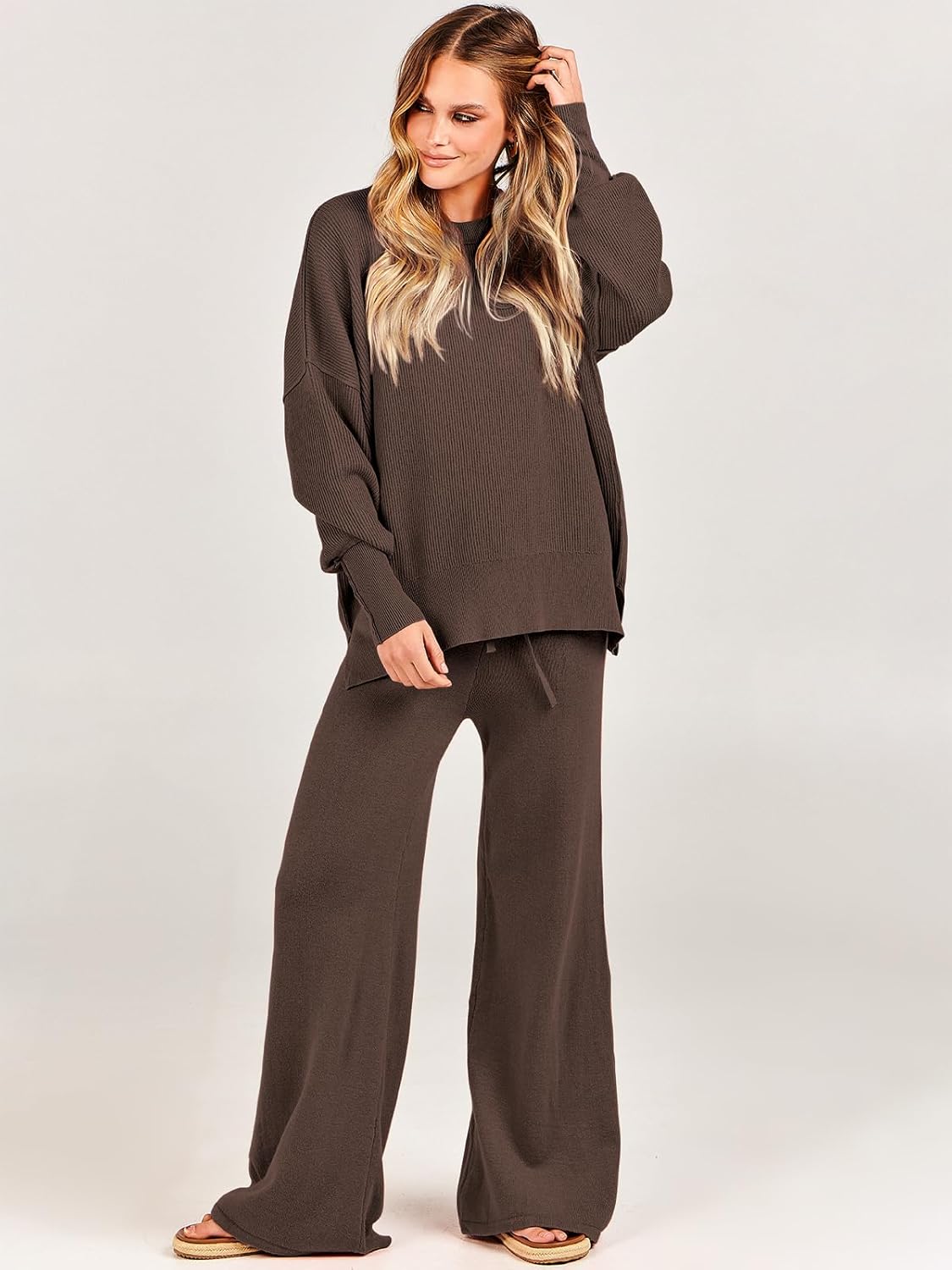 ANRABESS Womens 2 Piece Outfits Fall Lounge Set 2025 Oversized Chunky Knit Sweater Top Wide Leg Pants Loungewear Clothes