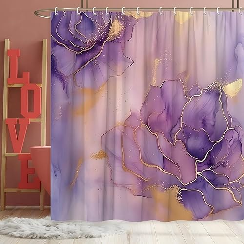 Cortina de ducha de mármol morado, floral, púrpura, dorado, peonía, violetas, flores, textura elegante, colorido, hermoso, tinta, pintura, moda,
