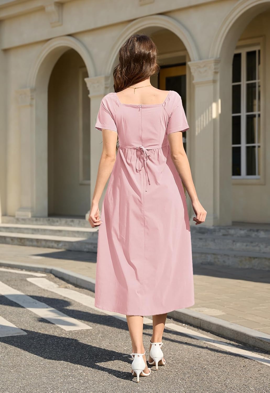 Jayscreate Women’s Casual Square Neck Long Halter Tie Dress Midi Short Sleeve 2025 Summer Flowy Dress A-Line for Women - Image 2