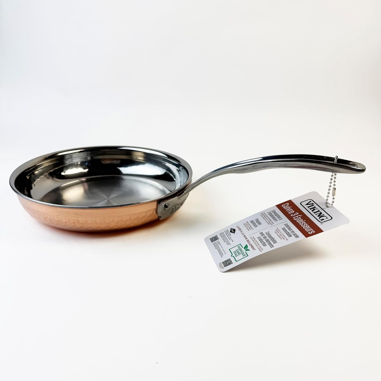 Viking three ply copper fry pan with stainless steel interior polished copper exterior hammered band detail stainless handle induction ready cookware for even heating and precise cooking control
