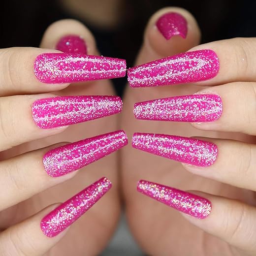 MISUD Press on Nails - Long Coffin Fake Nails with Bling Glitter, Acrylic Hot Pink Sparkly Design 24 pcs