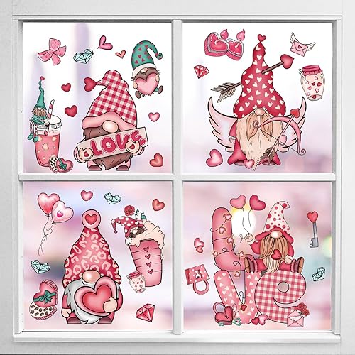 Miniatura 5 de 9 hojas de calcomanías de ventana de gnomo rosa para el día de San Valentín, calcomanías de pared de corazón de amor de doble cara, calcomanías de