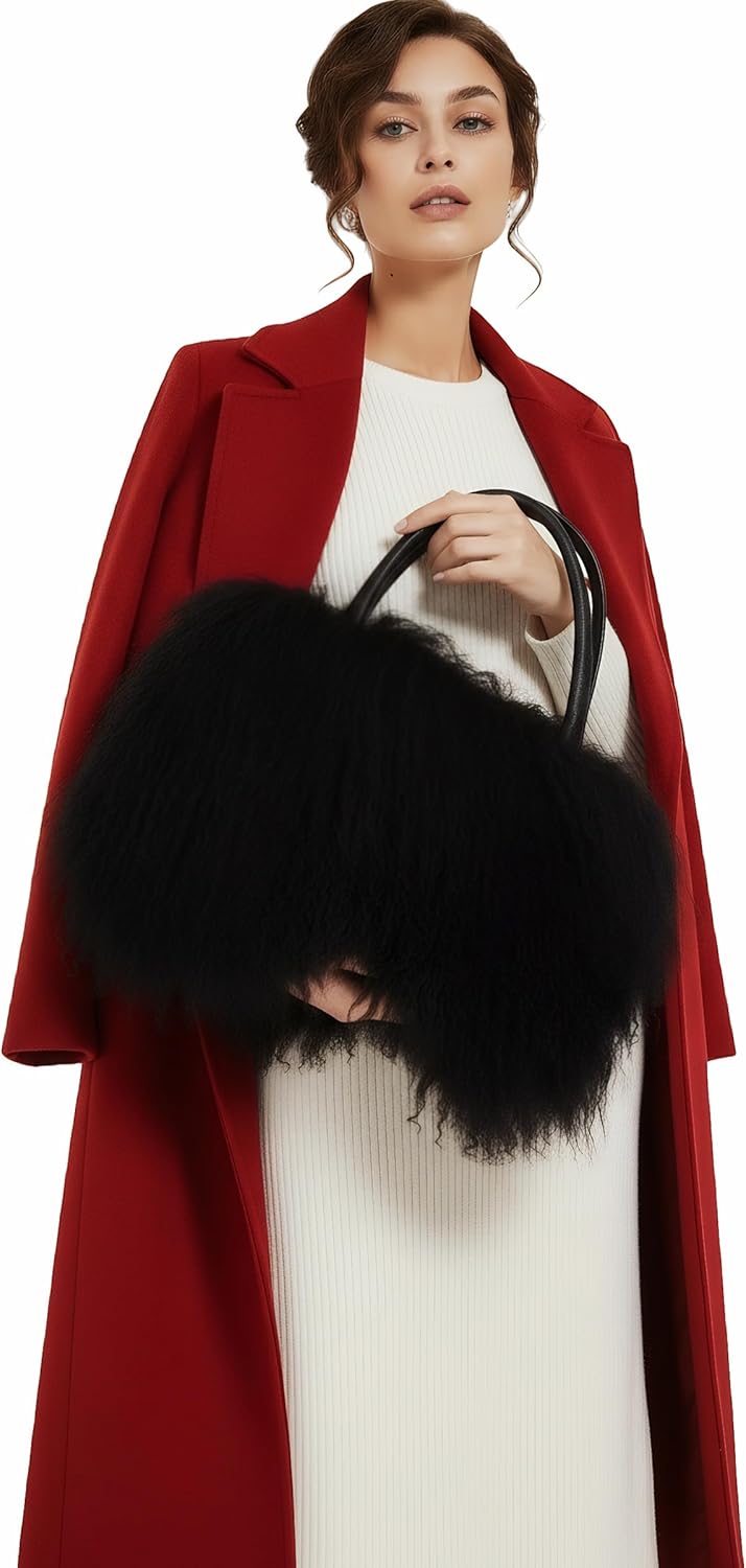 Women Luxury Real Lamb Mongolian Flush Wool Fur With Genuine Leather Handles Handbag - Image 8