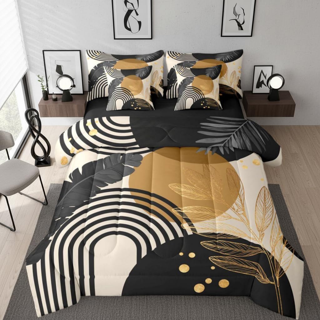 Erosebridal Modern Mid Century 7 Piece Bedding Sets Black and Brown King Comforter Set Boho Geometric Leaf Bed in A Bag for Kids Teens Adult Women Bedroom Decor Modern Minimalist Abstract Sheets