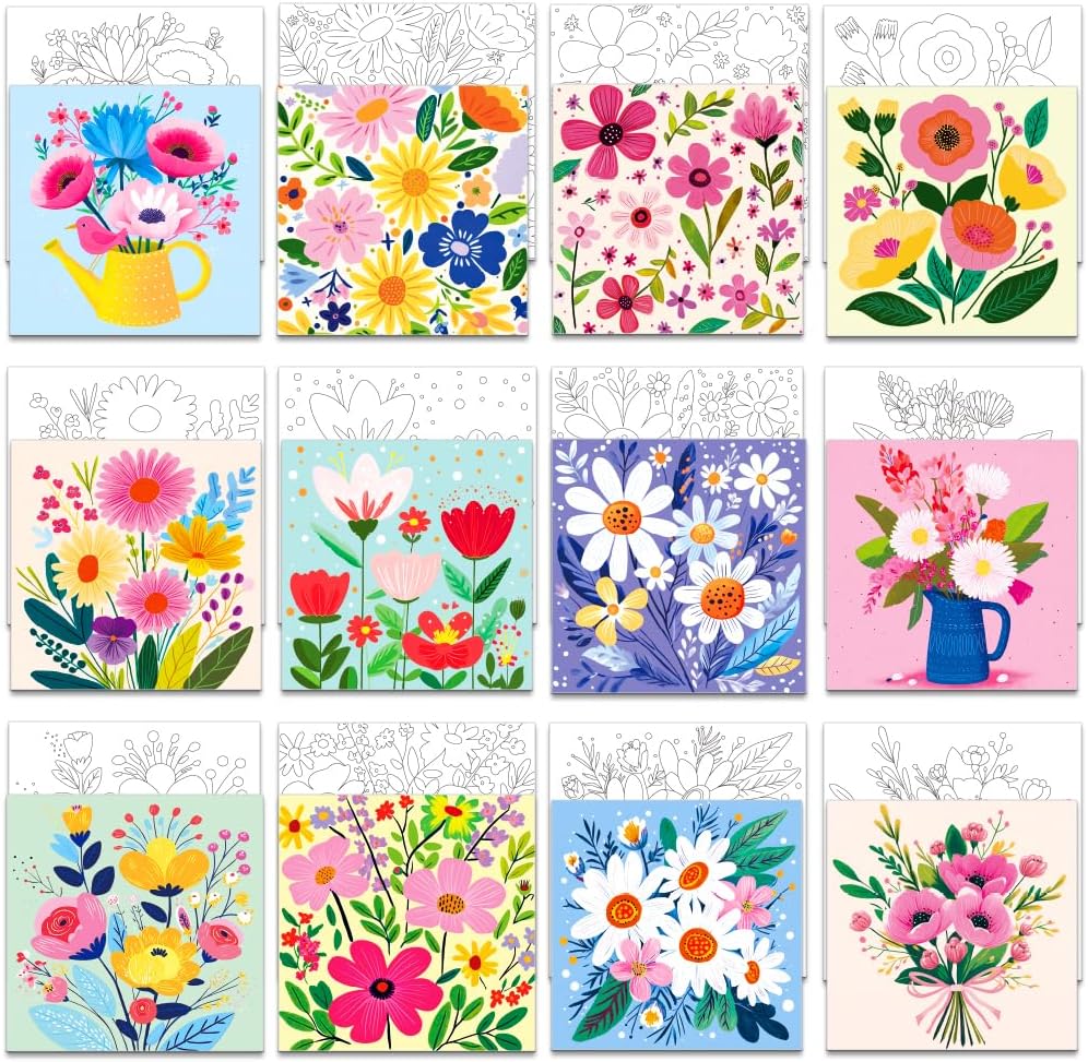 12 Pcs Pre Drawn Canvas to Paint for Adults, 8 x 8 Inch Sip and Painting Kit Outline Canvas Art Pre Printed Canvases for Painting Canvases with Pictures to Paint Party Set(Flower)
