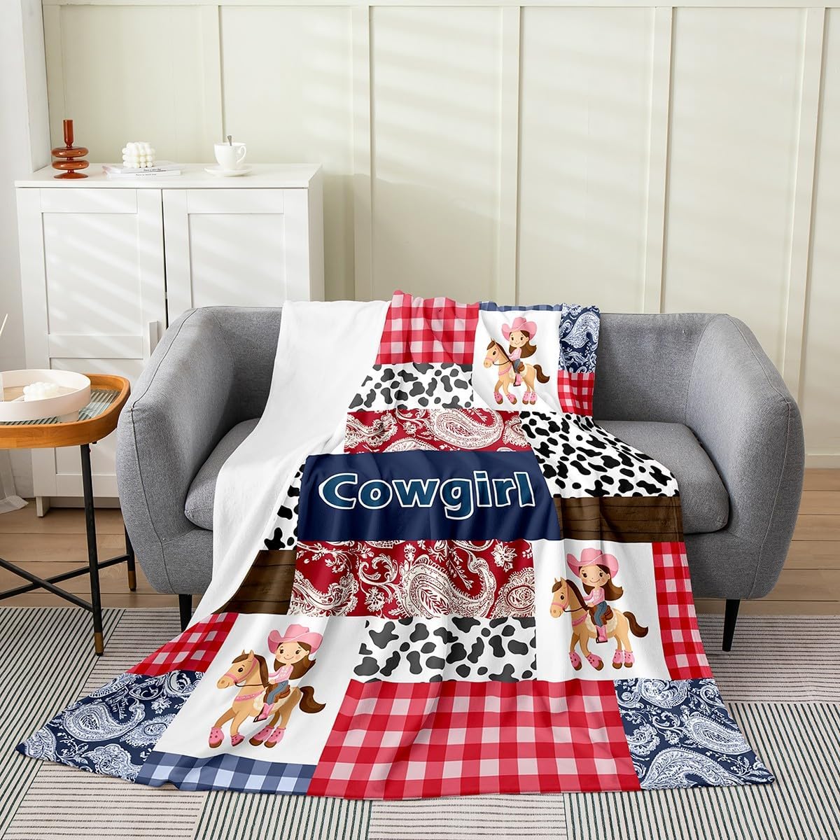 Galloping Horse Flannel Blanket Queen 90"x90",Western Horse White and Brown Bed Sofa Blankets for Kids Boys,Watercolor Blooming Flowers Fuzzy Blanket,Cute Cowgirl Cowboy Breathable Blanket