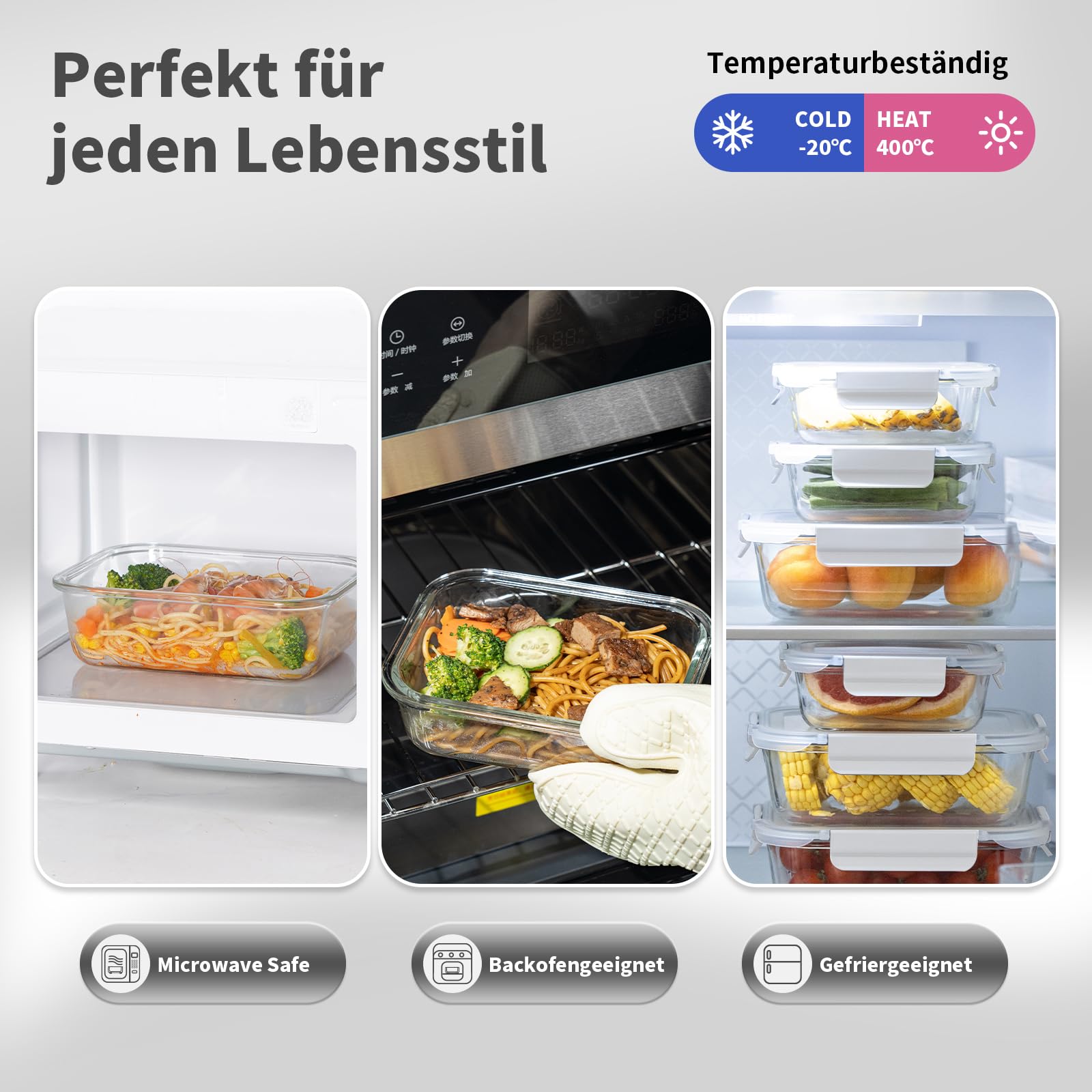 Meal Prep Cajas de cristal, tarros de cristal con tapa, juego de recipientes herméticos con tapa a prueba de fugas, para microondas, congelador y fregadero, 15 unidades, color blanco