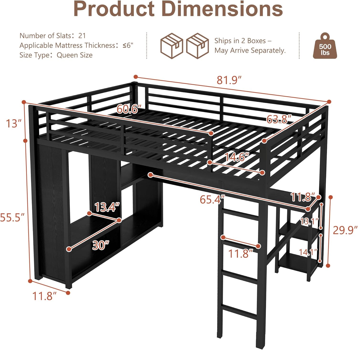 Queen Heavy Duty Metal Loft Bed with L-Shaped Desk, Wardrobe & 5 Storage Shelves – Space-Saving Design for Kids, Teens, Adults – 500LBS Capacity, Easy Assembly (Queen)