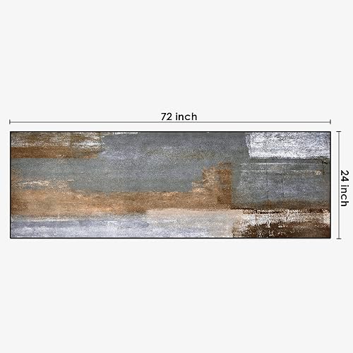 Miniatura 2 de ArtSocket Alfombra de pasillo de pintura gris y marrón, alfombra abstracta gris de 2 x 6 pies, alfombra de entrada antideslizante lavable para
