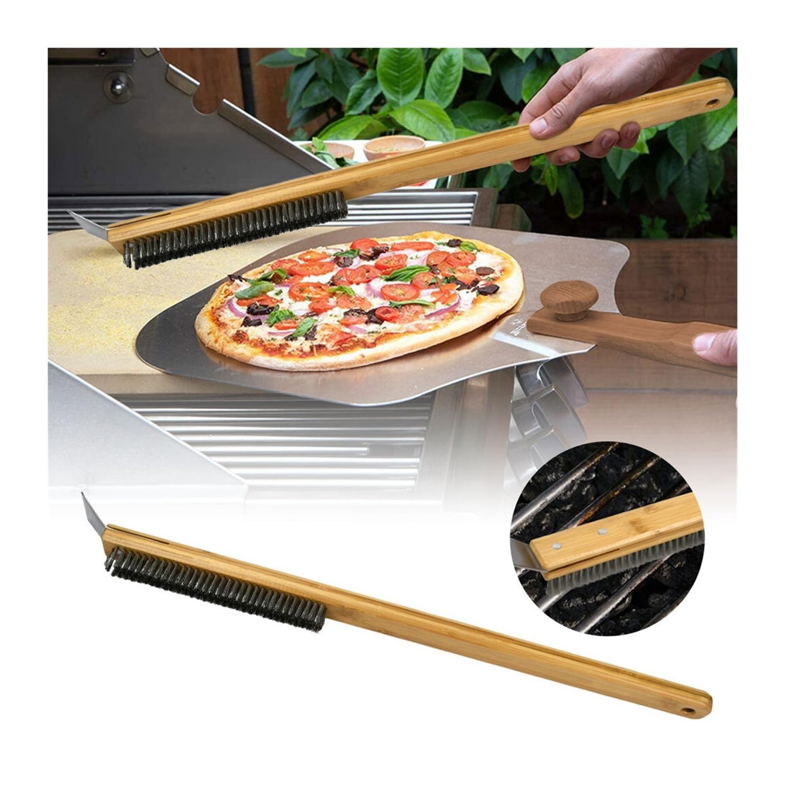 Cepillo de cobre for horno de Pizza, raspador de latón con cerdas, cepillo de limpieza for parrilla doméstica, cepillo for horno con mango de aluminio de 22 pulgadas