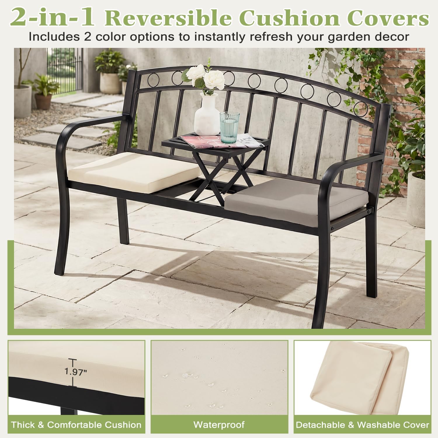 AVAWING Outdoor Metal Garden Bench, 2-Seat Patio Porch Bench with Steel Frame, Park Bench w/Pullout Middle Table＆ Cushion for Backyard Lawn Deck Entryway, Black