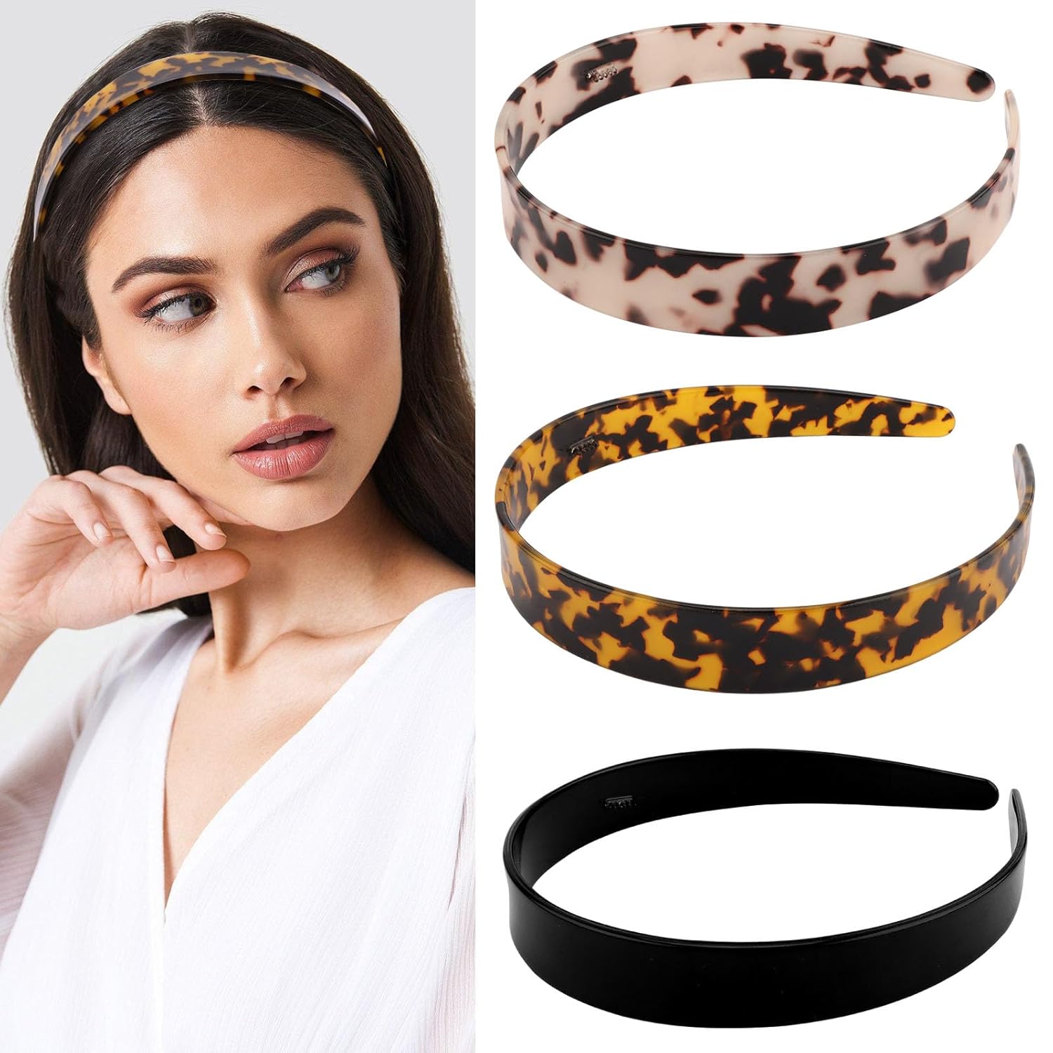 3 PCS Tortoise Shell Headband for Women, Wide Acetate Resin, Leopard Hair Bands with Teeth for Women and Girls, Fashion Hair Accessories
