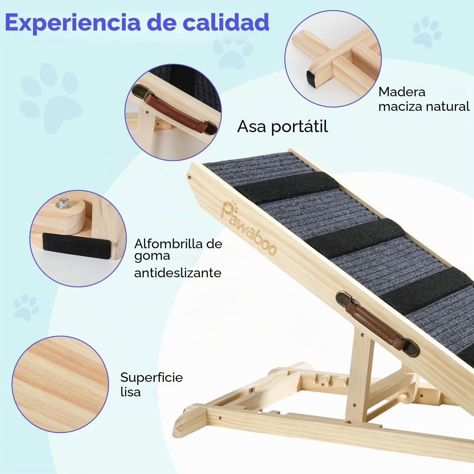 Pawaboo Rampa para Perros Cama, Rampa para Mascotas Madera, 4 Altura Ajustable29,5/37/45/57cm con Alfombra Antideslizante, Escalera de Perros Pequeños Medianos Gatos para Sofá Cama Coche, Madera