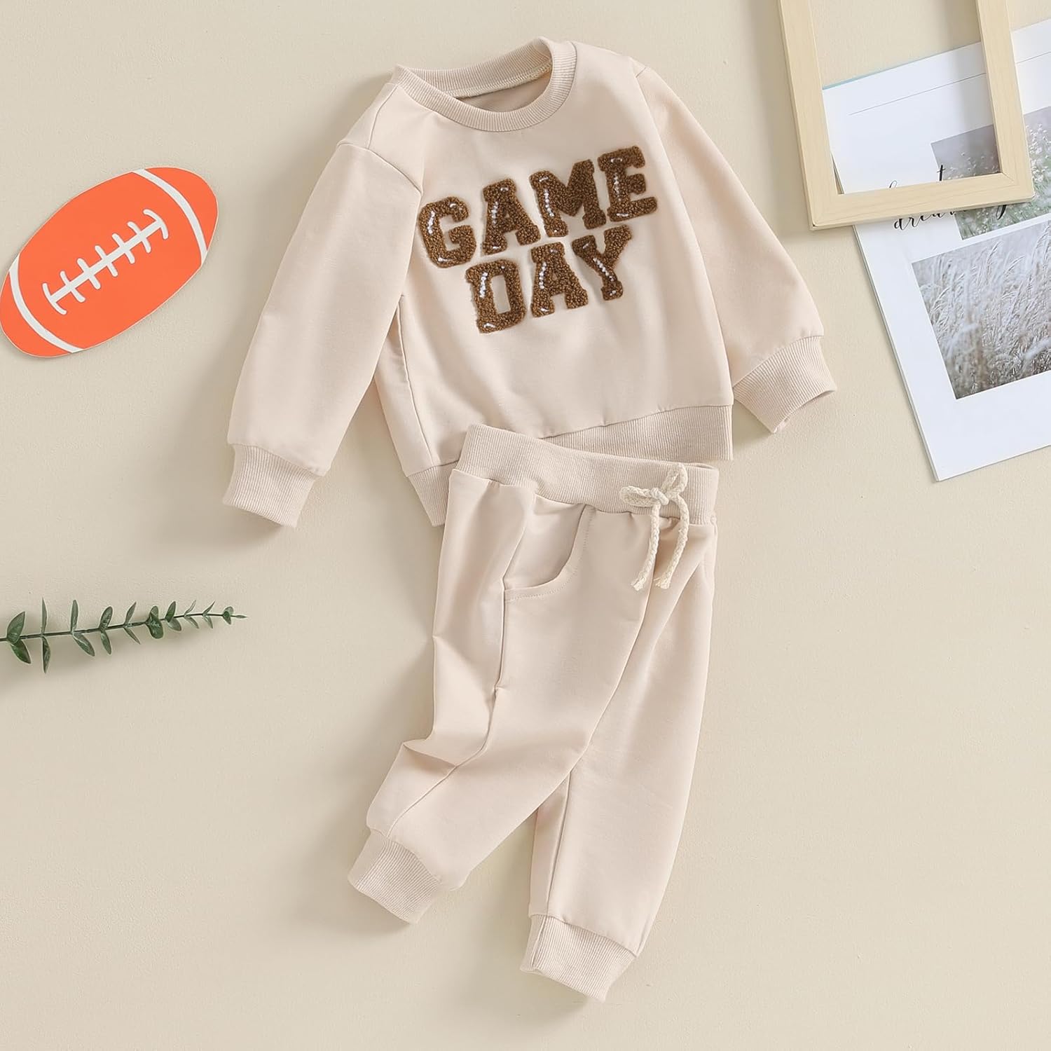 Kupretty Toddler Baby Boy Fall Winter Clothes Color Block Long Sleeve Sweatshirt Pullover Tops + Joggers Pants Outfit Set Game Day-beige 6-12 Months image 7 of 7 B0CJWZDCT8