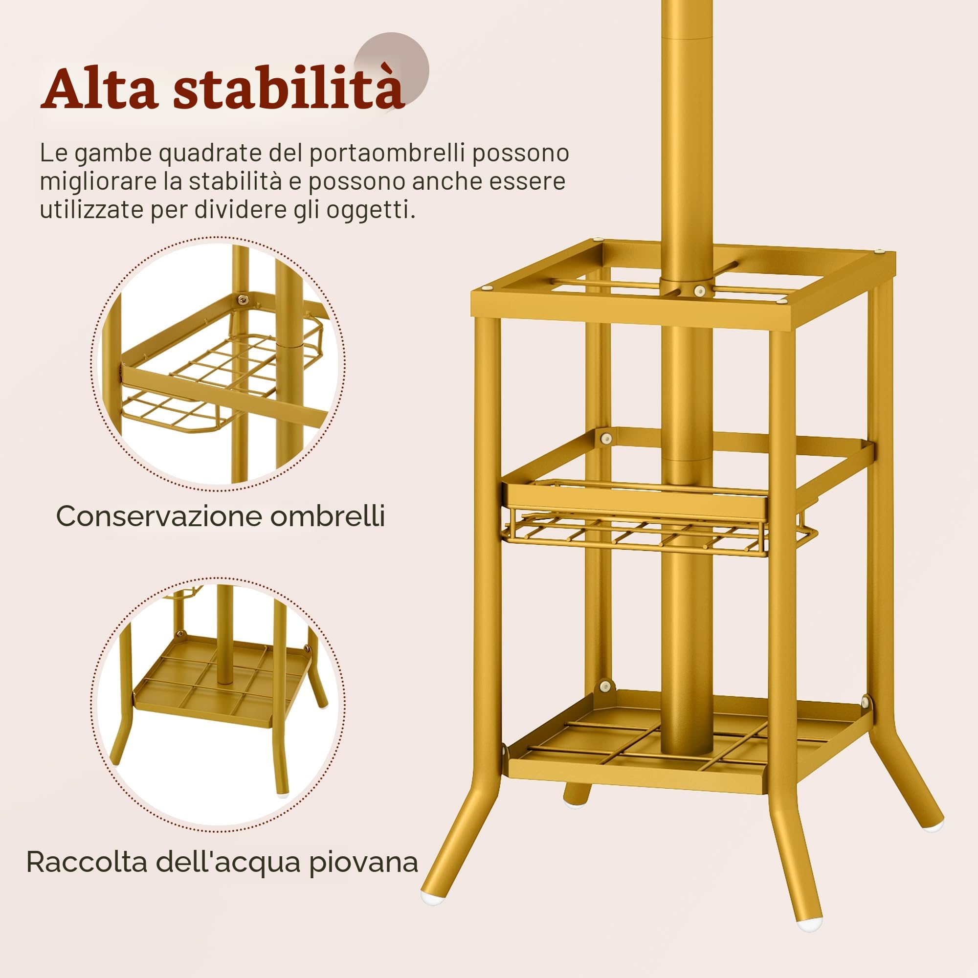 FAVOOSTY Appendiabiti con Portaombrelli, Appendiabiti con 12 Ganci, Supporto per Giacche, in Piedi, per Soggiorno, Camera da Letto (Oro)