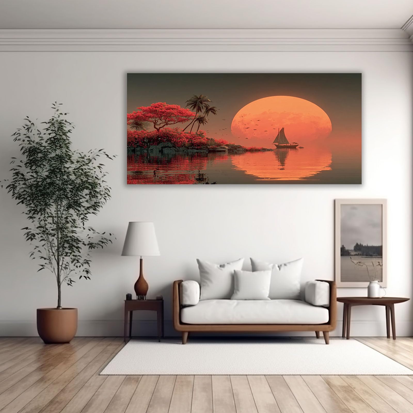 AMXBZC Moderne Leinwand Bilder Lake Tree Sonnenuntergangs Schlafzimmer Landschafts Bilder -Kunstdruck- Badezimmer -Büro Küche -Wohnzimmer Wand Deko(Orange 3)-20x40cm Gerahmt