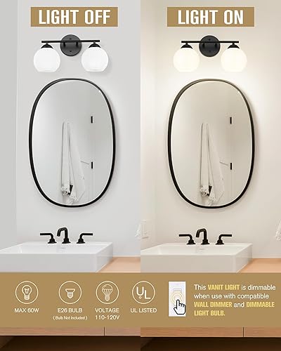 Miniatura 2 de Emak VL114-BK-ML-2 - Luces de tocador negras para espejo, moderna casa de campo de 2 luces para baño, lámpara de tocador de baño con pantalla de