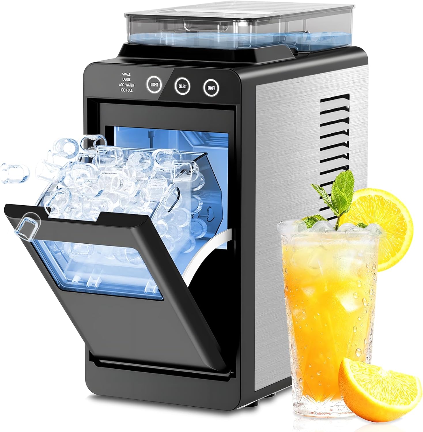 Kismile Countertop Ice Maker, Modern Bullet Ice Machine with Touch Display, 26lbs/24H, 2 Ice Sizes, Self-Cleaning, for Home Kitchen, Office & Bar, Black