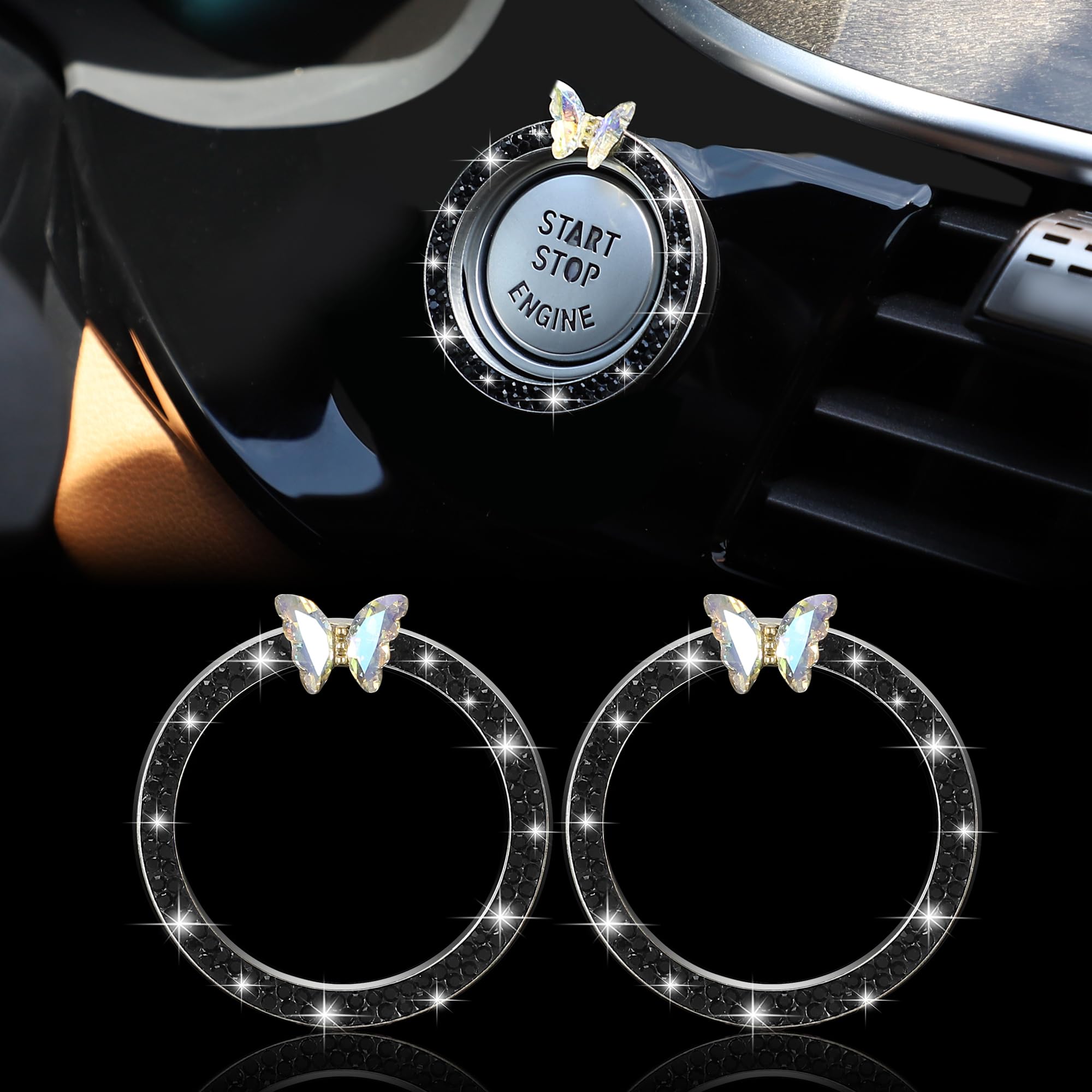 TOMALL Bling Car Engine Start Button Cover Butterfly 2pcs Diamond Interior Crystal Push Start Stop Button Ring Sparkly Engine Ignition Ring Cap